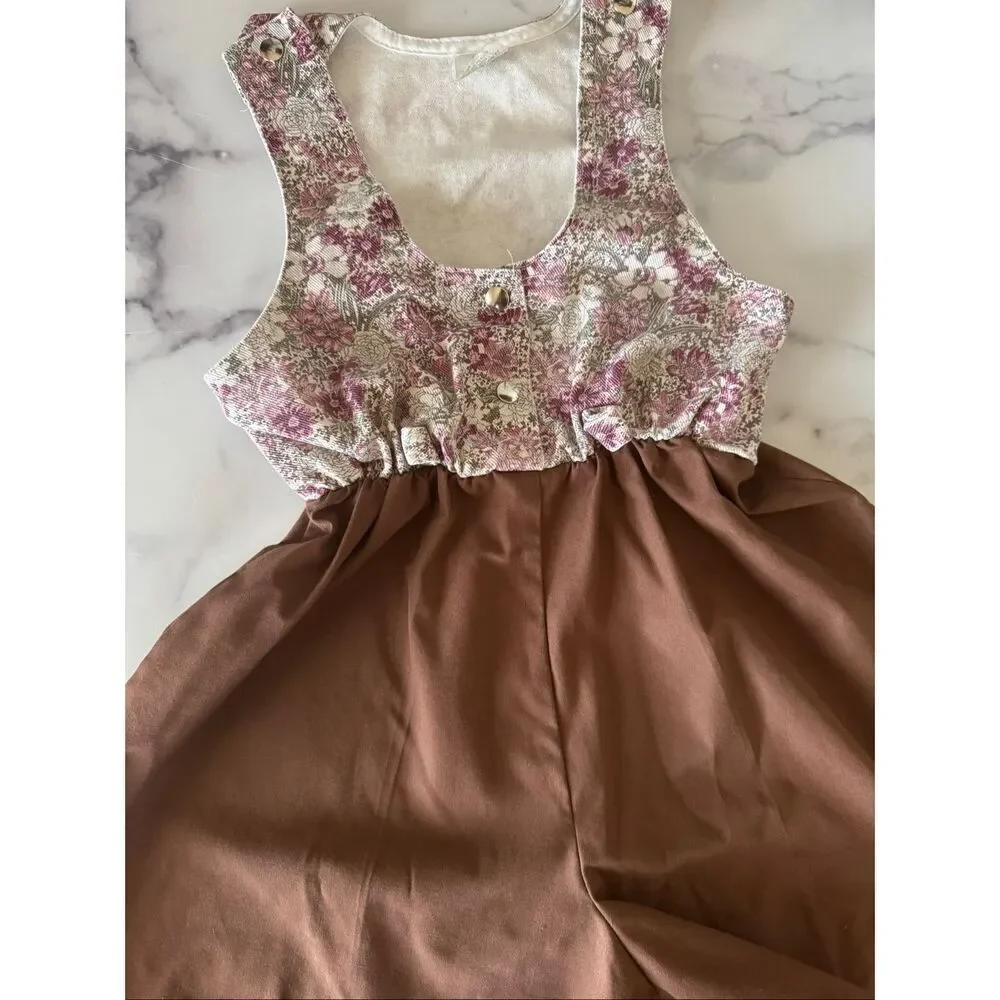 Girl Scouts size 7 vintage floral tan boxy wide relaxed shorts overalls romper 9